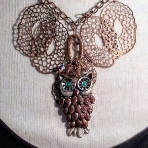Brown Green Hand-Enameled Owl copper floaty leaves chain pendant necklace 36”